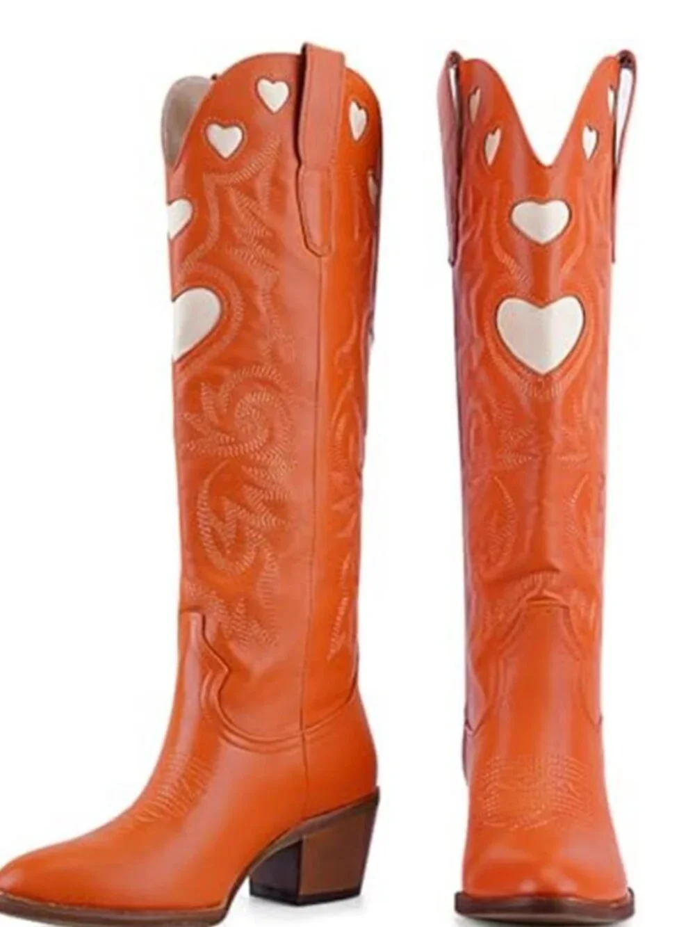 Knee High Boots for Women Heart Embroidered Western Boots Round Toe